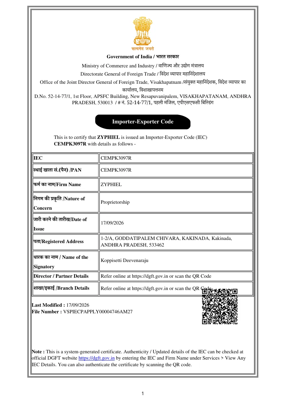 Importer-Exporter Code certificate issued to Zyphiel by the Directorate General of Foreign Trade