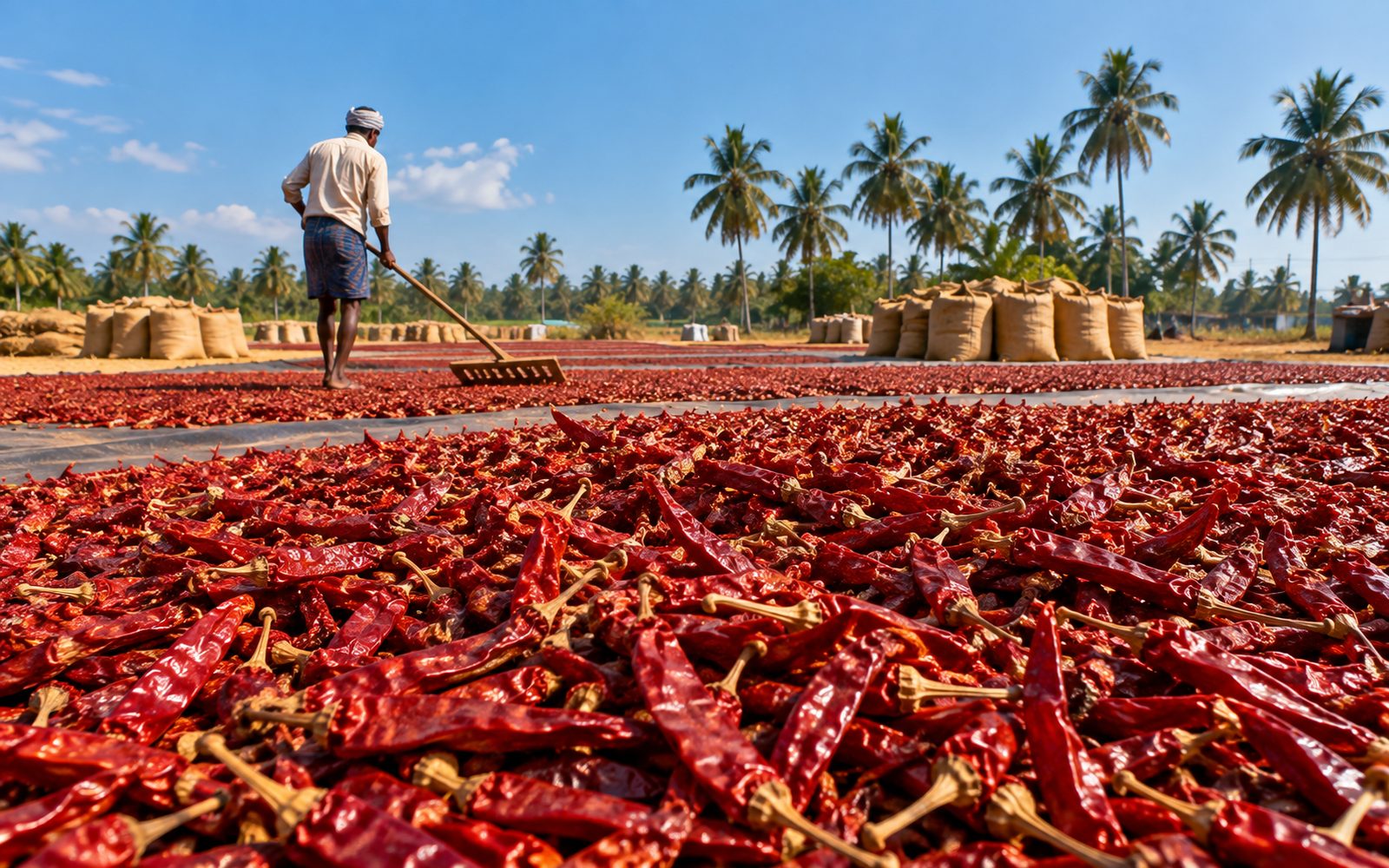 Red chillies sun-drying on rock and sheets in Guntur district